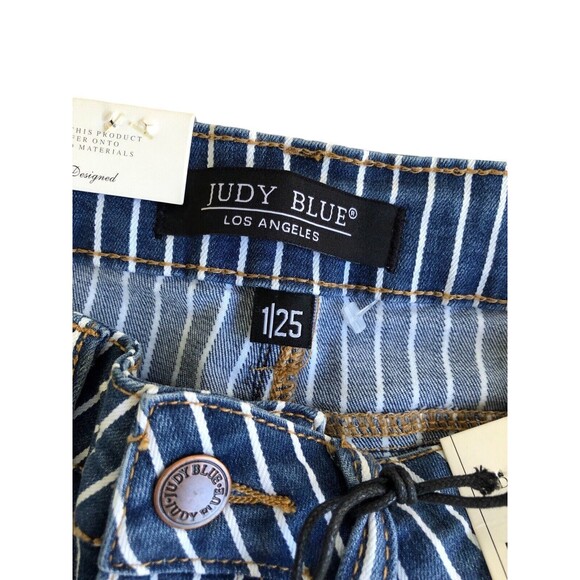 NWT Judy Blue Super Flare Ultra High Rise Jeans 1/25 Striped Blue Raw Hem Bell - Picture 6 of 12